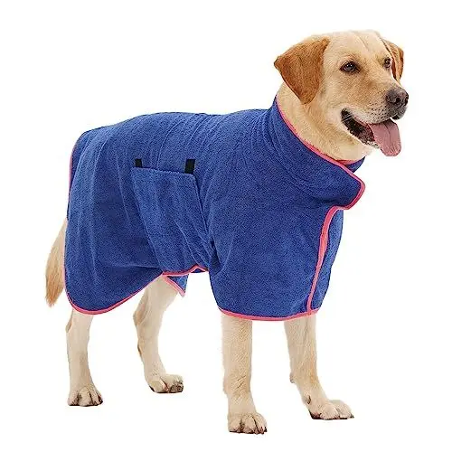 Produktbild: HezzLuv Bademantel für Hunde, Hundebademantel aus Mikrofaser für mittlere und große Hunde, super saugfähiger Haustier Trockenmantel, ganzjahres schnell trocknendes Handtuch (Blau,L)