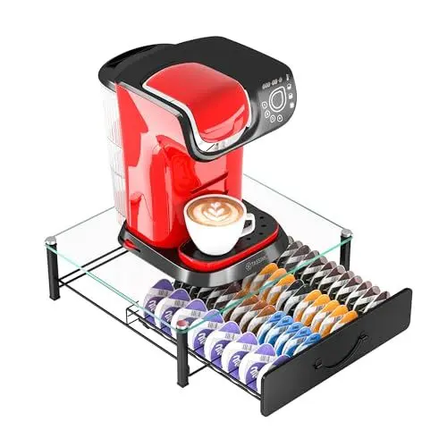 Produktbild: HFHOME 64 Tassimo Kapselhalter, Glas Kaffeekapsel Aufbewahrungsschublade, Tassimo Kaffeemaschinenständer, Antivibrationsdesign Kaffee Station Organizer