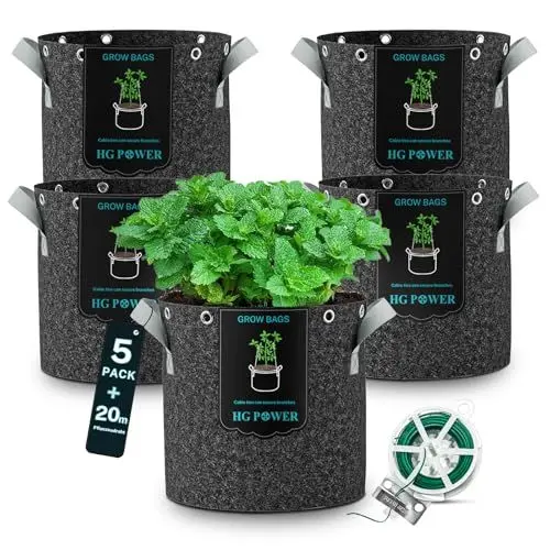 Produktbild: HG Power Pflanzsack 26L (25L + 4% Mehrvolumen), 5 Stück Stofftopf inkl. 20m Pflanzendraht, Ø33cm, Höhe 31,5cm – 350g/m² Vliesstoff, Reißfest, Ideal für KartoffelnTomaten Gurken Trauben