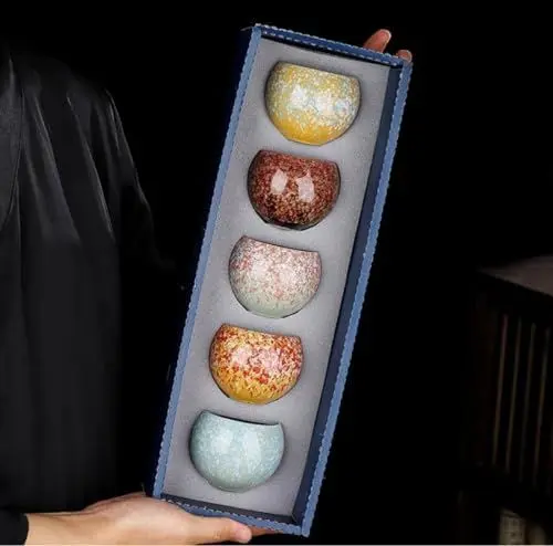 Produktbild: HGDESIGN Keramik Teetassen Set Porzellan Espressotasse Kaffeetassen Retro Tee Becher Chinesischen Japanischen Kung-Fu-Tee hitze-Sake-Becher 5er-Set Geschenke (5er Set)
