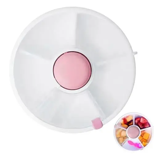 Produktbild: Hggzeg Drehbarer Snack-Organizer, Lebensmittelqualität, Snackbehälter für Kinder, auslaufsicher, auslaufsicher, tragbare Snackbox mit 5 Fächern für Candy Nut Picknick (Rosa)