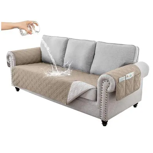 Produktbild: Hggzeg Sofabezug 3-Sitzer, wasserdicht und rutschfest, Sofaschoner Schonbezug mit Seitentasche, waschbarer Sofaschoner für Kinder/Haustiere (Khaki)