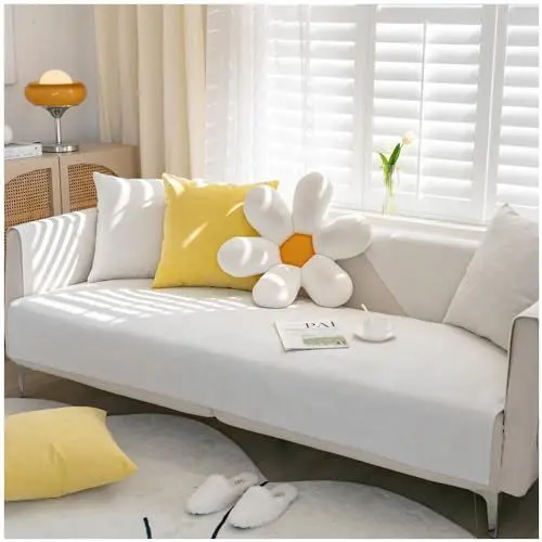 Produktbild: Hggzeg Weicher Chenille-Sofabezug, wasserdichte Sofa-Schonbezüge für 1-, 2-, 3-, 4-Sitzer, L-Form, rutschfester Möbelschutz, Sofakissen, Eckcouchbezug für Kinder/Haustiere (Weiß, 110 x 240 cm)