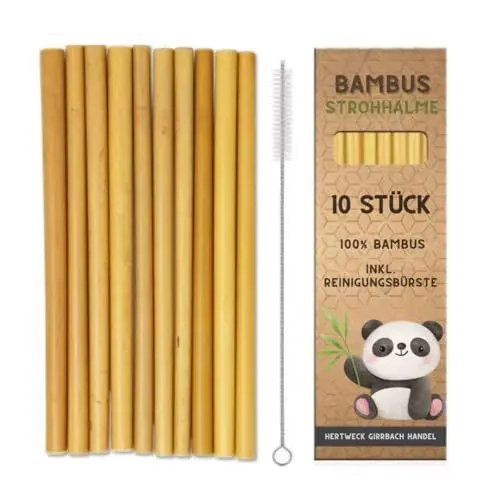 Produktbild: HGH® Strohhalme aus Bambus wiederverwendbar mit Reinigungsbürste - 10er Set Strohhalme- Flexible Trinkhalme- Mehrweg Strohhalme aus Bambus für Milch, Saft und Cocktails