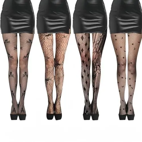 Produktbild: Strumpfhose Halloween 4 Paar Netzstrumpfhose Schwarz,Strumpfhosen Damen Muster Halloween,Fishnet Stockings,Halloween Netzstrümpfe Schädel Spinnennetz Hohe Taille Mesh Strumpfhosen Netzstrumpfhose für
