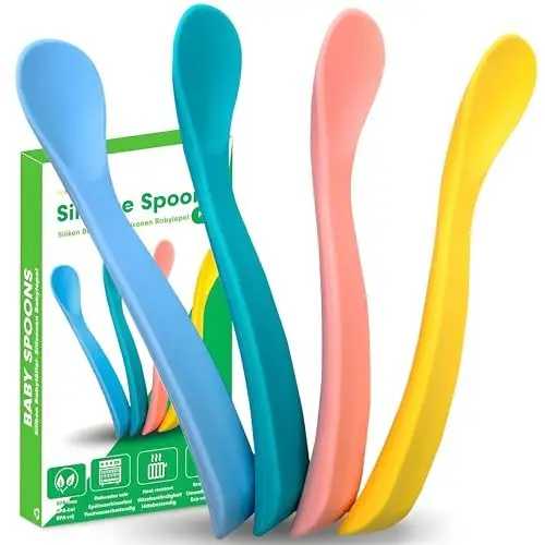 Produktbild: HI NATURE™ 4 Stück silikon babylöffel, Lernlöffel set, Baby loffel 4+, Silikonlöffel für babybrei, Kinderbesteck, Breilöffel, Esslernbesteck, Esslernlöffel für Babys und Kleinkinder, BPA frei