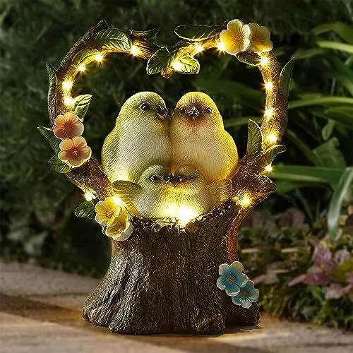 Produktbild: HIAME Gartendeko Figuren Solar Rost Garten Deko für Garten, Gartenfiguren Solar beleuchtete Liebes-Herz-Vogel-Skulptur-Ornamente für Außen, Harzskulptur Tierstatuen Figuren mit Solarlicht (A)
