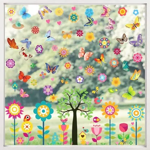 Produktbild: Hianjoo Fensterbilder Frühling Wiederverwendbar, Frühling Deko Fenster Aufkleber, Fenstersticker mit Blumen Schmetterlinge Vögel, Fensterdeko Frühling für Kinderzimmer