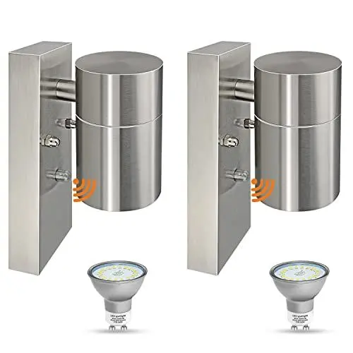Produktbild: HiBay 2 Set Aussen LED Wandleuchte mit Dämmerungsschalter Edelstahl Außenlampe IP44 500Lm Modern Außenleuchte 230V inkl.2x5W GU10 Lampen Kaltweiß Glühbirne