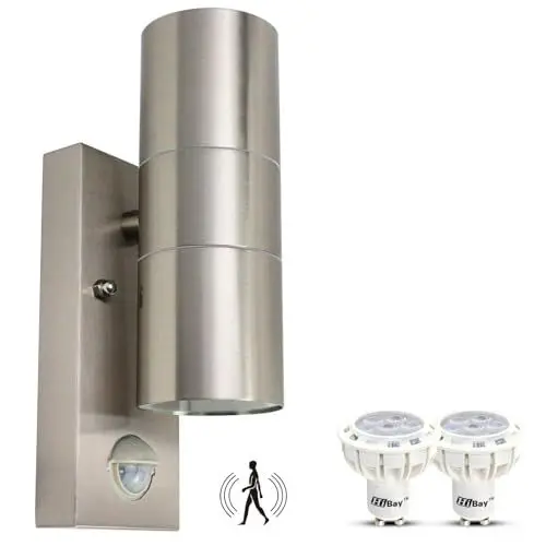 Produktbild: HiBay Außenlampe mit Bewegungsmelder GU10, Lampe mit Bewegungsmelder Aussen IP44 Edelstahl Aussenlampe Wand Up Down Außenwandleuchten inkl. 2x GU10 LED Warmweiß