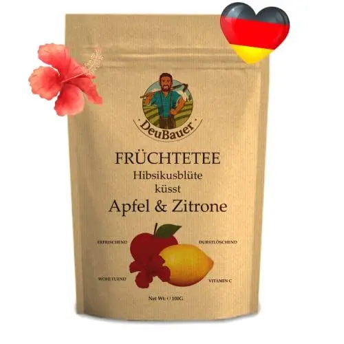 Produktbild: Hibiskustee Küsst Apfel & Zitrone 100g - Fruchtiger Einzigartiger Geschmack - Premium Hibiskusblüten-Tee Mit Apfel und Zitrone - Lose