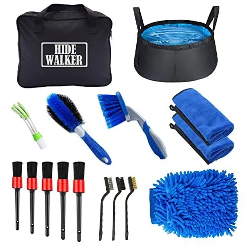 Produktbild: HIDEWALKER 16pcs Auto Reinigungs Set Innen und Außen mit Falteimer Autopflege Set Reinigungsset Motorrad Waschset Felgenbürste Waschhandschuh Detailing Pinsel