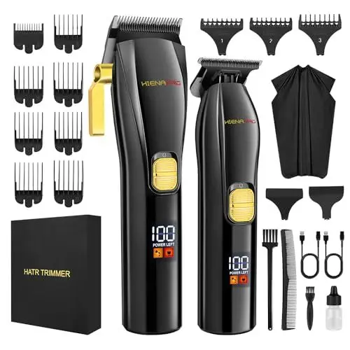 Produktbild: HIENA PRO Professionelles Haarschneidemaschine und T-Klingen-Trimmer-Set für Männer, schnurloses komplettes Friseur-Set, Haarschneide-Set mit LCD-Display & USB-wiederaufladbar (Schwarz)