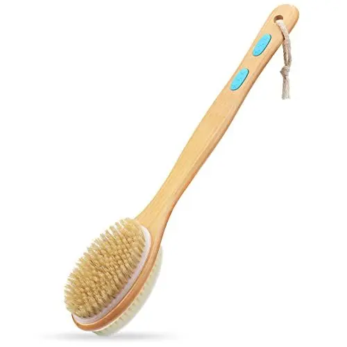 Produktbild: Hience Rückenbürste Dusche mit Langem Stiel, Doppelseitige Duschbürste Rückenschrubber Badebürste Körperbürste Peelingbürste mit Weichen und Steifen Borsten zum Peeling, Cellulite und Lymphdrainage