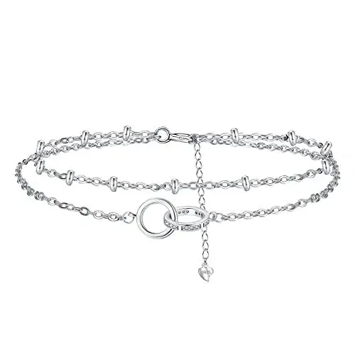 Produktbild: Hifeeled Doppelring Armband Damen 925 Sterling Silber Romantisch Armbänder Doppelkette mit Kugelperlen für Frauen Original Schmuck Geschenk Mutter Ehefrau Freundin Verstellbarer (16+4cm)