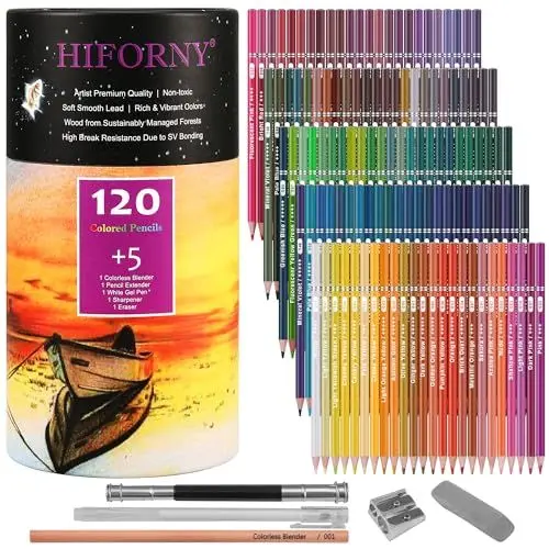 Produktbild: HIFORNY 125-teiliges Buntstifte-Set für Erwachsene, 120 Farben, Buntstifte mit Extras, weicher Kern, Zeichenstifte, Kunstzubehör für Erwachsene, Anfänger