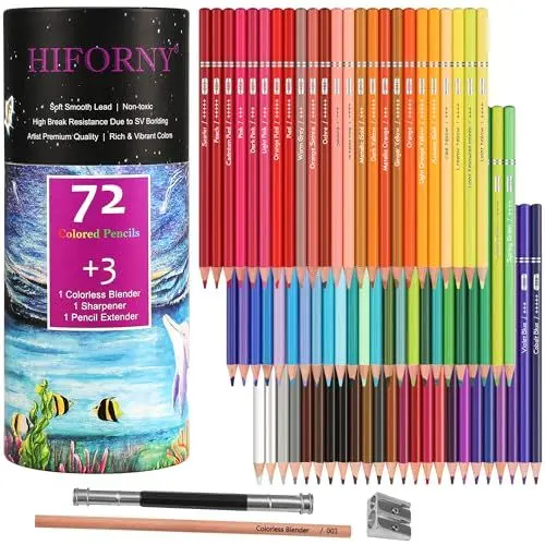 Produktbild: HIFORNY Buntstifte-Set für Erwachsene, Farben, Buntstifte mit Extras, weicher Kern, Zeichenstifte, Kunstzubehör für Erwachsene, Anfänger (72 Farben)