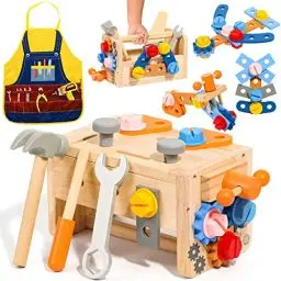 Produktbild: hifunti Werkzeugkoffer Kinder Werkbank Montessori Spielzeug ab 2 Jahre Holzwerkzeug Geschenke 2 3 4 Jahre Junge Mädchen Werkzeugkasten mit Schürze Lernspiele Kinderspielzeug ab 3 4 Jahre (39 Stück)
