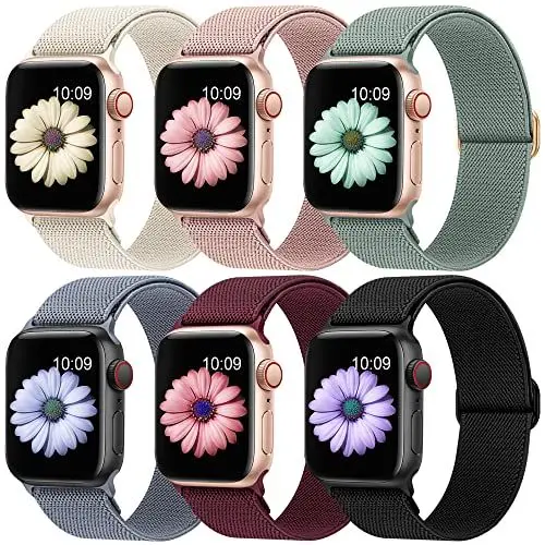 Produktbild: Higgs 6 Stück Ersatzarmband Kompatibel mit Apple Watch Armband 42mm 41mm 40mm 38mm für Damen Herren, Nylon Solo Loop Elastisch Stoff Sport Armbänder für iWatch SE Series 10 9 8 7 6 5 4 3 2 1, Dehnbar