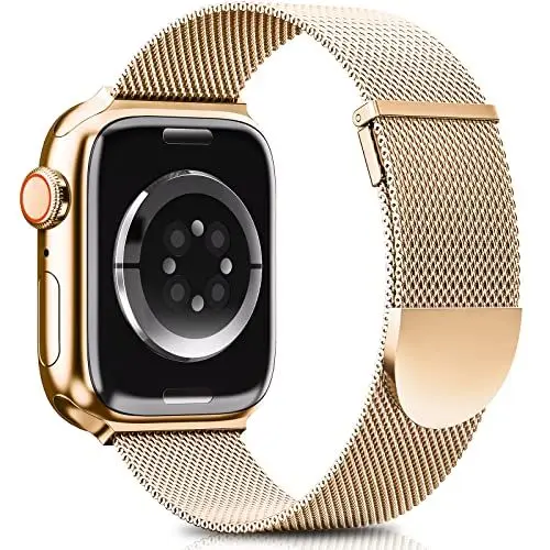 Produktbild: Higgs Ersatzarmband Kompatibel mit Apple Watch Armband 46mm 45mm 44mm 49mm 42mm Damen/Herren, Dual Magnet Einstellbar Armbänder für iWatch SE Series 10 9 8 7 6 5 4 3 2 1, RoséGold Edelstahl Metall
