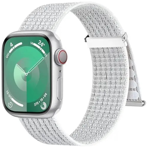 Produktbild: Higgs Nylon Armband Kompatibel mit Apple Watch Armband 46mm 45mm 44mm 42mm 49mm Damen Herren, Sport Klettverschluss Verstellbare Armbänder für iWatch SE Series 10 9 8 7 6 5 4 3 2 1 Ultra,Gipfel Weiß