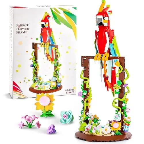 Produktbild: HIGH GODO Blumen 360° Drehenden Papagei Bausteine Set, Klemmbausteine Tiere mit Flowers und Pflanze, Kreatives Deko Geschenk Bauspielzeug für Kinder, Jungen und Mädchen (636 Stück)