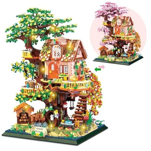Produktbild: HIGH GODO Blumen Baumhaus Micro Bausteine mit LED, 3196 Teile Haus Garten, Baum Pflanzen Blumen Tiere Architektur Klemmbausteine Set, Creative Geschenk für Erwachsene oder Jugendliche