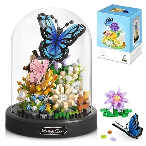Produktbild: HIGH GODO Blumen Nelken und und Schmetterling Klemmbausteine, 530 Teile mit Schutzhülle Pflanzen Bonsai Bausteine Set, Home Büro Deko, Geschenke für Frauen Erwachsene Männer 10 Jahren