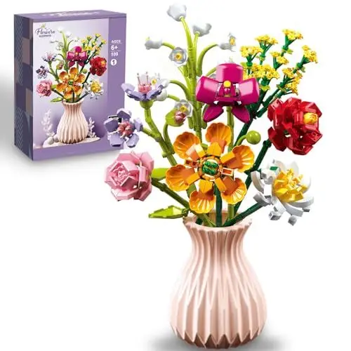 Produktbild: HIGH GODO Blumenstrauß Klemmbausteine, 756 Teile 8 Künstliche Blumen Mit Vase, Flowers Bonsai Set Geschenks für Mama Lieber, Ideal für 8+ Jahren oder Erwachsene
