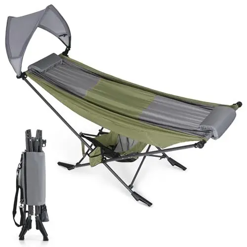 Produktbild: HIGH POINT SPORTS Camping Hängematte, Hängematte Outdoor mit Abnehmbare Sonnenschutz 250 LBS Tragkraft Robuste Tragbare Hängematte mit Reisetasche für Garten, Indoor, Balkon, Terrasse, Camping, Grün