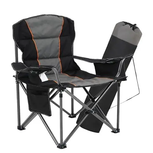 Produktbild: HIGH POINT SPORTS Übergroßer Campingstuhl Faltbar Angelstuhl Tragbar 200KG Belastbar Klappstuhl mit Kühltasche Armlehne Getränkehalter Gepolstert Tragbar Campingsessel(Schwarz)