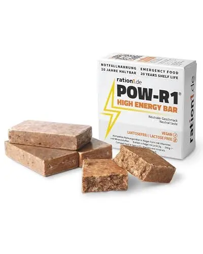 Produktbild: ration1, POW-R1 High Energy Bar, 250g Pack, 4 einzeln verpackte Riegel, Vegan, Laktosefrei, 20 Jahre haltbar, Outdoor Snack, Notnahrung, Energie Booster für Wandern, Radfahren