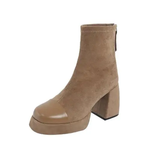Produktbild: High Sneaker Damen Plateau Stiefel Damen Stiefel Fashion Thick Bottom Chunky Heel Women's Boots Breathable Fashion Round Head Chunky Heel Women's Shoes Hohe Sneaker Herren Motorrad Schuhe (Beige, 35)