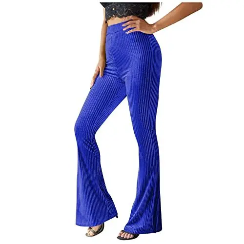 Produktbild: High Waist Stoffhose Damen Weit Denim Hose Lässige, einfarbige Damenhose mit hoher Taille, Gerippter, ausgestellter, Langer Hose, Bequeme, elastische, Stoffhose Damen Schwarz Gummizug (Blue, XL)