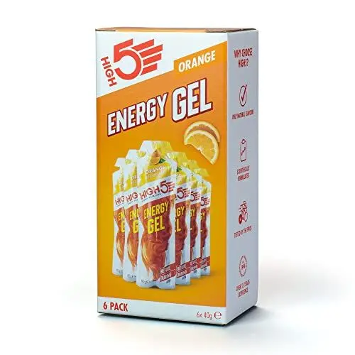 Produktbild: HIGH5 Energy Gels - Schnelle Energiezufuhr mit Sport Gel für Spitzenleistung - Mit natürlichem Fruchtsaft, koffeinfrei - Energie Gel für Laufen, Running, Marathon, Radsport, Ausdauer (Orange, 6 x 40g)