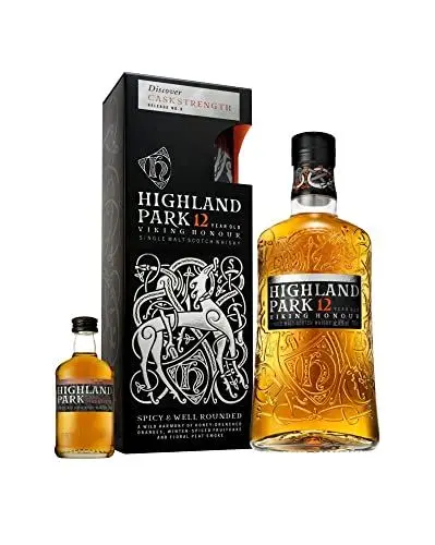 Produktbild: Highland Park 12 Jahre mit Cask Strength Miniaturflasche - mit Geschenkverpackung - Viking Honour - Single Malt Scotch Whisky - vollmundiger, rauchiger Geschmack - 40 % Vol - 700 ml Einzelflasche