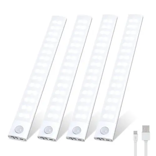 Produktbild: HighLuc Unterbauleuchte Küche LED, 60LED 3000mAh Schrankbeleuchtung mit Bewegungsmelder USB-C Aufladbar Dimmbar Schranklicht Schrankleuchte Kabellos für Küche, Schlafzimmer, Babyzimmer - 4 Stück