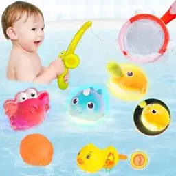 Produktbild: Highttoy Badespielzeug Baby ab 1 Jahr, 7 STK Magnetisches Angelspiel Set mit 3 Leuchtend Angel Badewannenspielzeug/Aufziehbares Schwimmende Ente/Fischernetz/Angelrute/Spritzball Wasserspielzeug