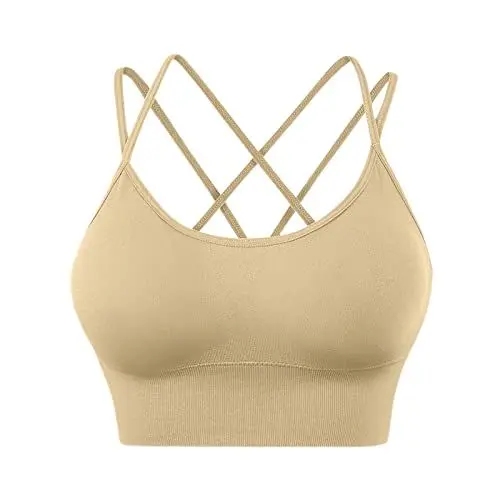 Produktbild: HIGOU BH Hemdchen Ohne BüGel BH Einlagen Schwitzen Sport-BHS mit überkreuztem Rücken für Damen, gepolsterte Riemchen-Criss-Crop-BHS für Yoga, Workout, Sportbekleidung Damen Oberteil Mit (Beige, M)