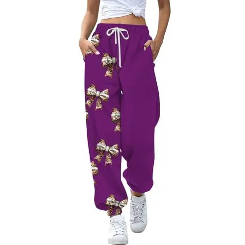Produktbild: HIGOU Schwarze Stoffhose Damen Elegant Stretch Cargo Damen Jogginghose Jogginghose Workout Hohe Taille Yogahose Mit Taschen Fitness Hose Damen 5 Oder 10 Damen Outfit Schlag Hosen MäDchen (Purple, L)