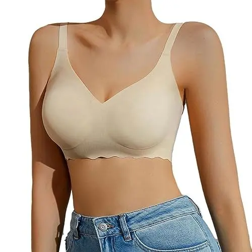 Produktbild: HIGOU TräGerloses Kleid Sport Top Damen Fitness Damen-BH, innen, groß, ohne Bügel, Mädchen-BH, sexy Beauty-Back-Jelly-Klebeseite auf der Stütze BH FüR Tiefen RüCkenausschnitt Breastfeeding (Beige, L)