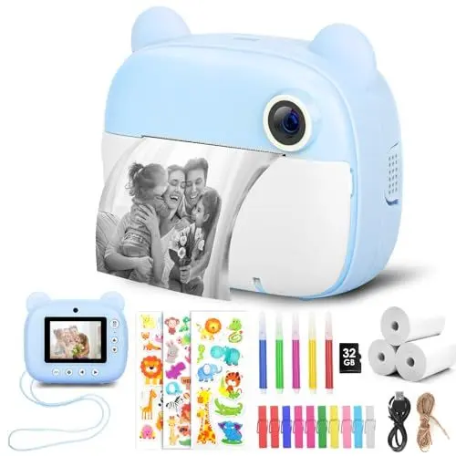 Produktbild: HIGSPE Kinderkamera Sofortbildkamera, Digitalkamera für Kinder mit Druckpapier & 32G TF Karte, VideoKamera mit farbigen Stiften & Lustige Accessoires, Geschenk für Kinder 3-14 Jahren