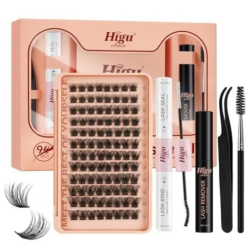 Produktbild: Higu clace-DIY-Wimpern-Set, 96pcs Wimpern-Extensions-Set, lash cluster D Curl Lashes-Set mit Wimpernkleber und -versiegelung, Wimpernapplikator Wimpernentferner zu Hause (Mega Kit D 10-16mm)