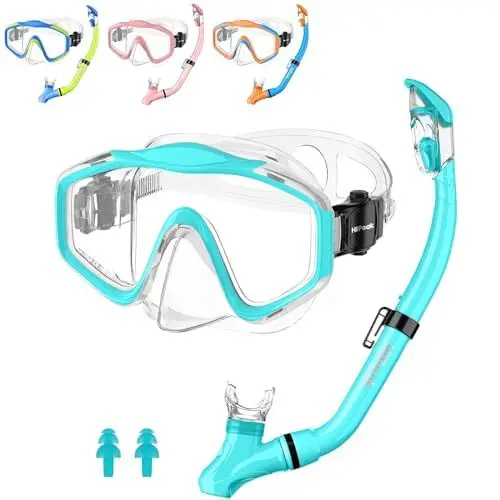 Produktbild: Hiipeak Schnorchelset Kinder, Kinder Schnorchelset Jugendliche Taucherbrille Junge Mädchen, Anti-Fog, Anti Leck Taucherbrille mit Dry Schnorchel für Schnorcheln und Tauchen (Hellblau)