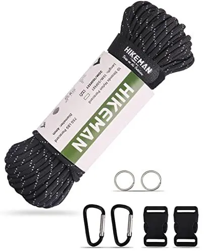 Produktbild: HIKEMAN 750 Paracord Survival Rope - 10 Strang Nylonseil, reißfeste Fallschirmschnur mit gewachstem Zunder, für Outdoor Survival,Camping,Armband,Lanyard (30M-Schwarz)