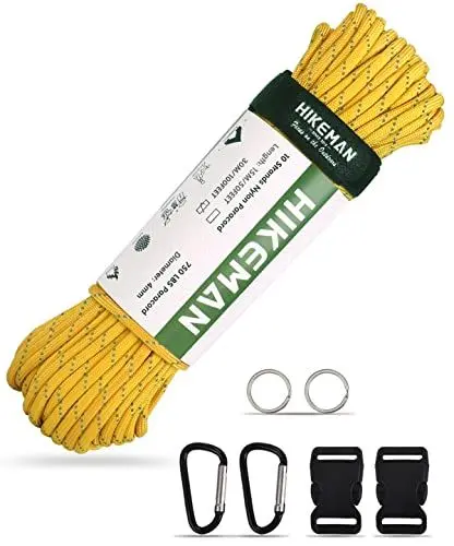 Produktbild: HIKEMAN 750 Paracord Survival Rope - 10 Strang Nylonseil, reißfeste Fallschirmschnur mit gewachstem Zunder, für Outdoor Survival,Camping,Armband,Lanyard (30M-Gelb)