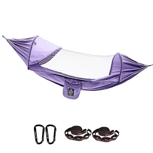 Produktbild: HIKEMAN Camping Hängematte mit Moskitonetz - Ultra-Light Hängematte Outdoor,Traggurt und Karabinerhaken aus Fallschirm-Nylon Tragfähigkeit für Camping,Garten,Trekking und Backpacking (Purple)