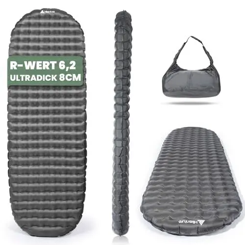 Produktbild: HIKENTURE 6,2 R-Wert Camping Isomatte Ultraleicht, 8 cm Dicke Aufblasbare Isomatte Camping Luftmatratze Kleines Packmaß für 4 Jahreszeiten, Schlafmatte für Camping, Outdoor, Wandern - A1