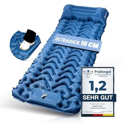 Produktbild: HIKENTURE Isomatte Selbstaufblasend, 10cm Camping Luftmatratze, Camping Isomatte Kleines Packmaß, Aufblasbare Schlafmatte mit Fußpumpe für Camping, Outdoor, Wandern, Zelt - Dunkelblau A2