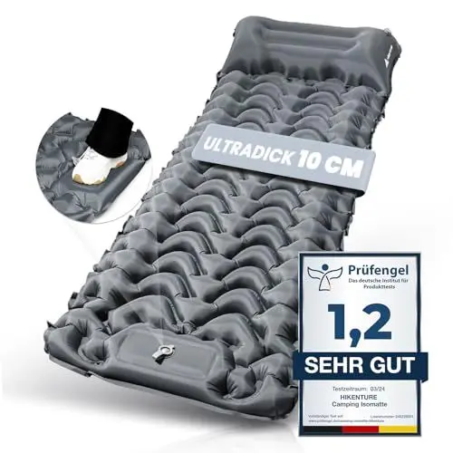 Produktbild: HIKENTURE Isomatte Selbstaufblasend, 10cm Camping Luftmatratze, Camping Isomatte Kleines Packmaß, Aufblasbare Schlafmatte mit Fußpumpe für Camping, Outdoor, Wandern, Zelt - Grau A1